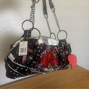 Ed Hardy Black & Silver Studded Shoulder Bag with Red Heart Motif